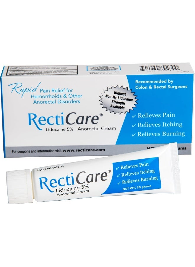 RectiCare Anorectal Lidocaine 5% Cream: Topical Anesthetic Cream for Treatment of Hemorrhoids & Other Anorectal Disorders - 30g Tube - Image 2